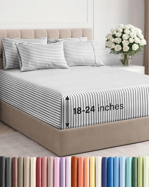 Skiennix Extra Deep King Sheet Set | 6-Piece Breathable Cooling Bedding - Soft, Wrinkle-Free Grey Stripes