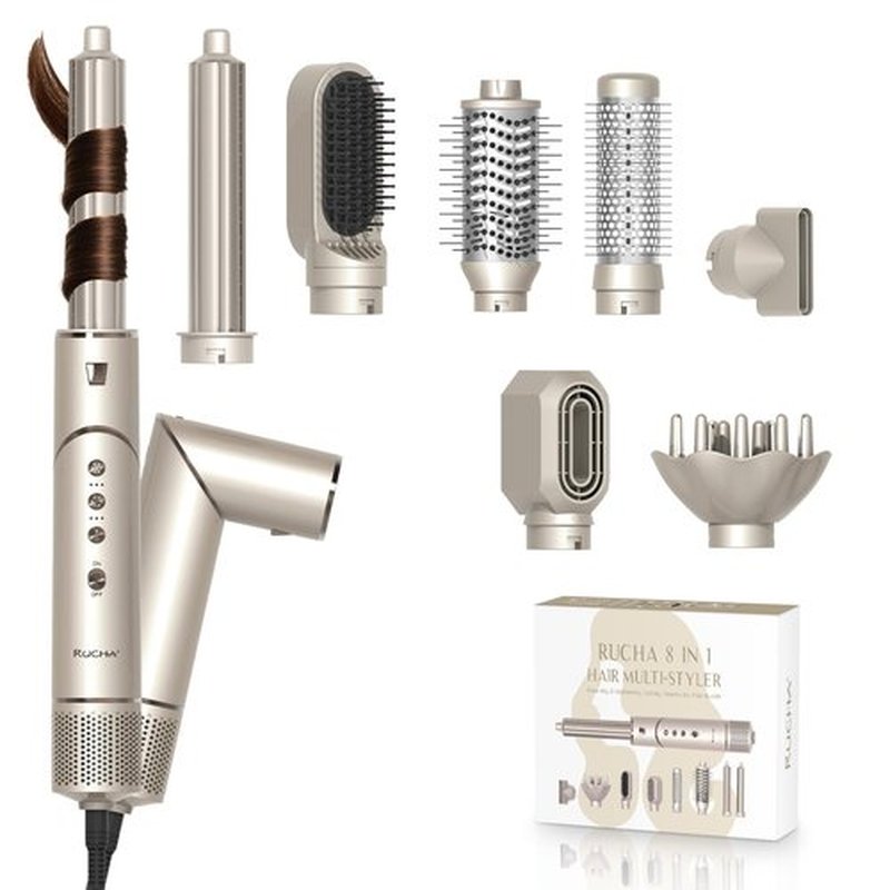 RUCHA 8 in 1 Hair Styler & Hair Dryer Brush Blow Dryer, 110,000 RPM High Speed Hair Nora Styler, Multi Professional Hot Air Styler for Straightening Curling Volumizing Drying, Champagne Gold