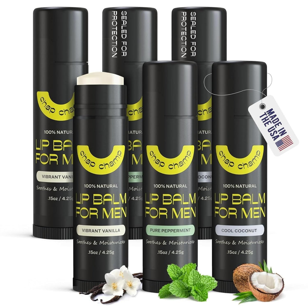 ChapChamp Lip Balm for Men - Mens Lip Balm Vitamin E and Beeswax - Chapstick for Men - Peppermint, Coconut & Vanilla - Made in the USA (All Natural, 6 Pack)