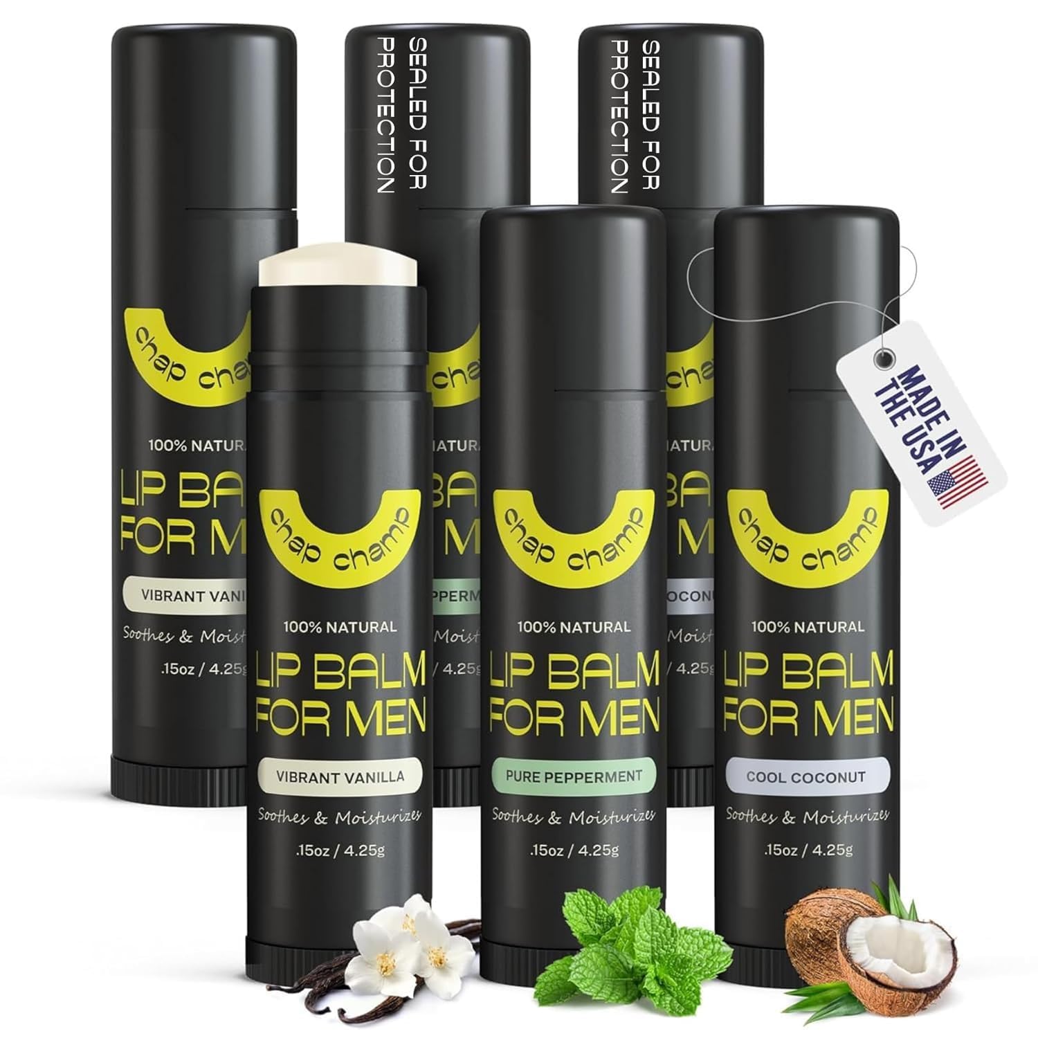 ChapChamp Lip Balm for Men - Mens Lip Balm Vitamin E and Beeswax - Chapstick for Men - Peppermint, Coconut & Vanilla - Made in the USA (All Natural, 6 Pack)
