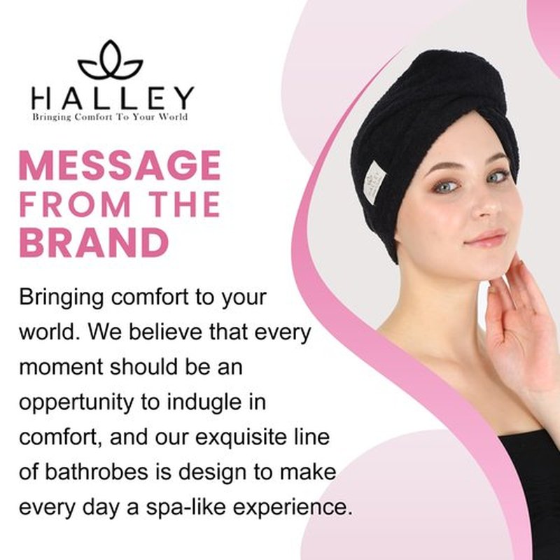 HALLEY Cotton Hair Towel Wrap (3 Packs) Super Absorbent Fast Drying Turbans for Thick, Wet Hair with Button (Black)