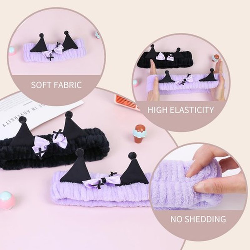 FlyingMage Spa Headband for Washing Face, 2 Pack Cute Hair Band for Shower Yoga Beauty, Fluffy Makeup Headband, Kawaii Facial Headbands for Woman Girls, Purple+Black Ear
