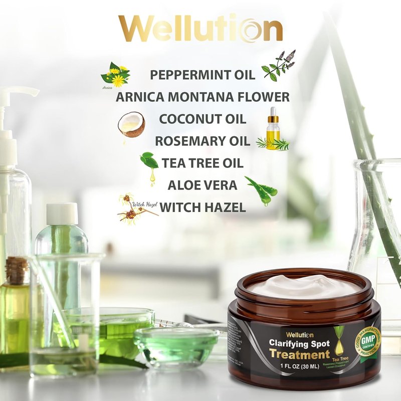 WELLUTION Cystic Acne Spot Treatment - Fast-Acting Tea Tree Acne Cream for Pimples & Blemishes - 1oz