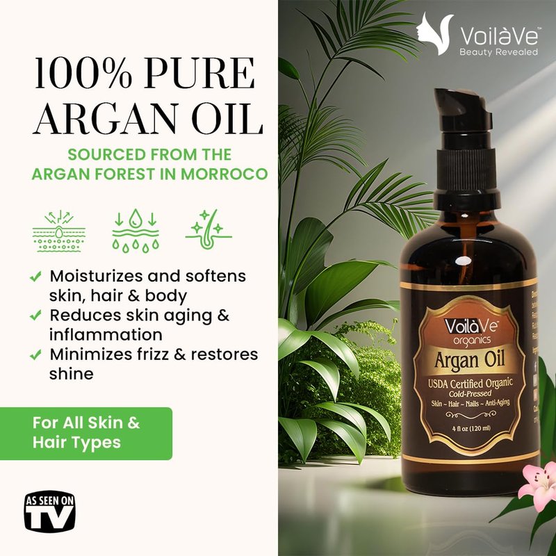 VoilaVe Organic Moroccan Argan Oil - Cold Pressed Anti-Aging Moisturizer for Skin, Hair & Nails | 4 fl oz