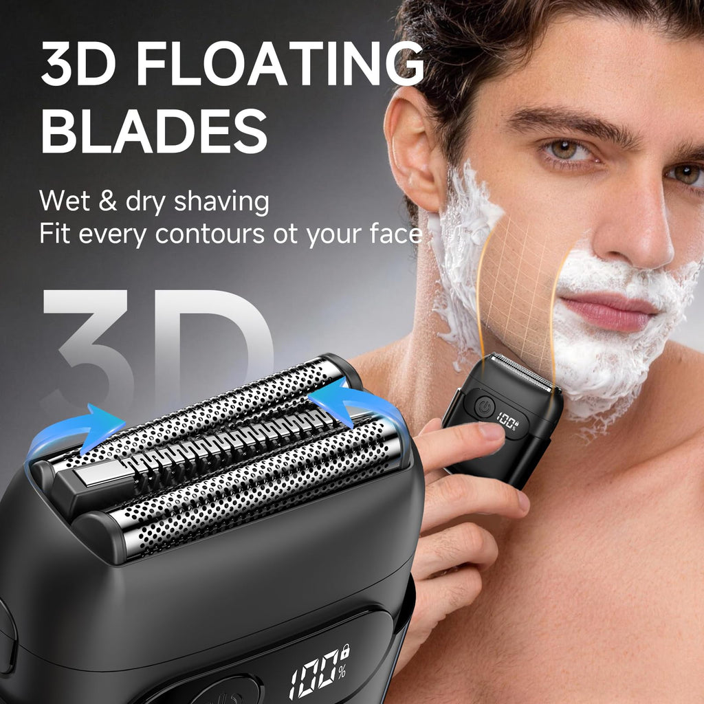 Electric Foil Shavers for Men,Mini Electric Razor with Storage Bag,3 Floating Blades,Portable mini Shaver,IPX7 Waterproof,Wet Dry Face Razor,USB-C (Black)