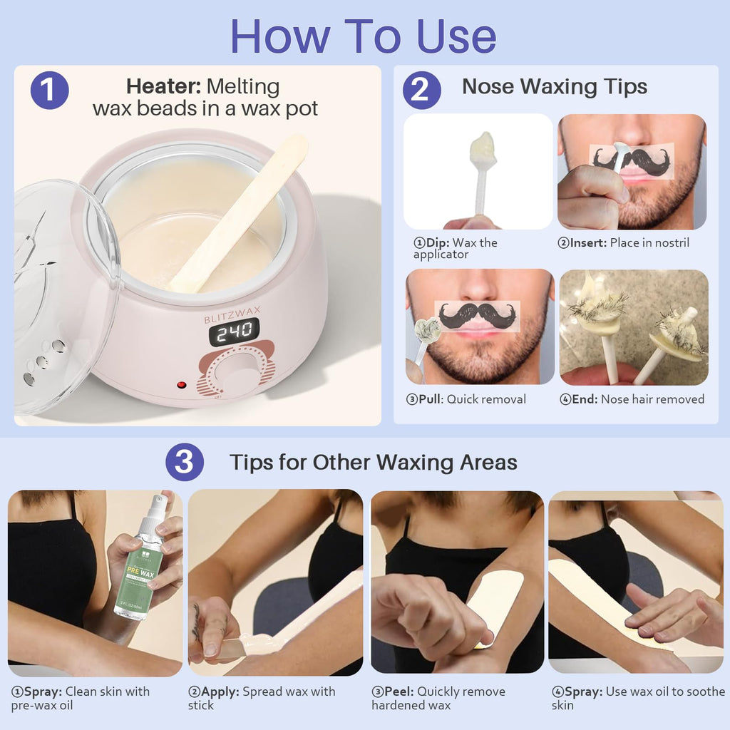 BLITZWAX Hair Removal Hard Wax Beads Unscented 1.3lb Waxing Beans Kit with 10 Wooden Sticks for Sensitive Skin, Face, Back, Body, Brazilian and Coarse Hair, Home Wax Pearls for Men Women, White