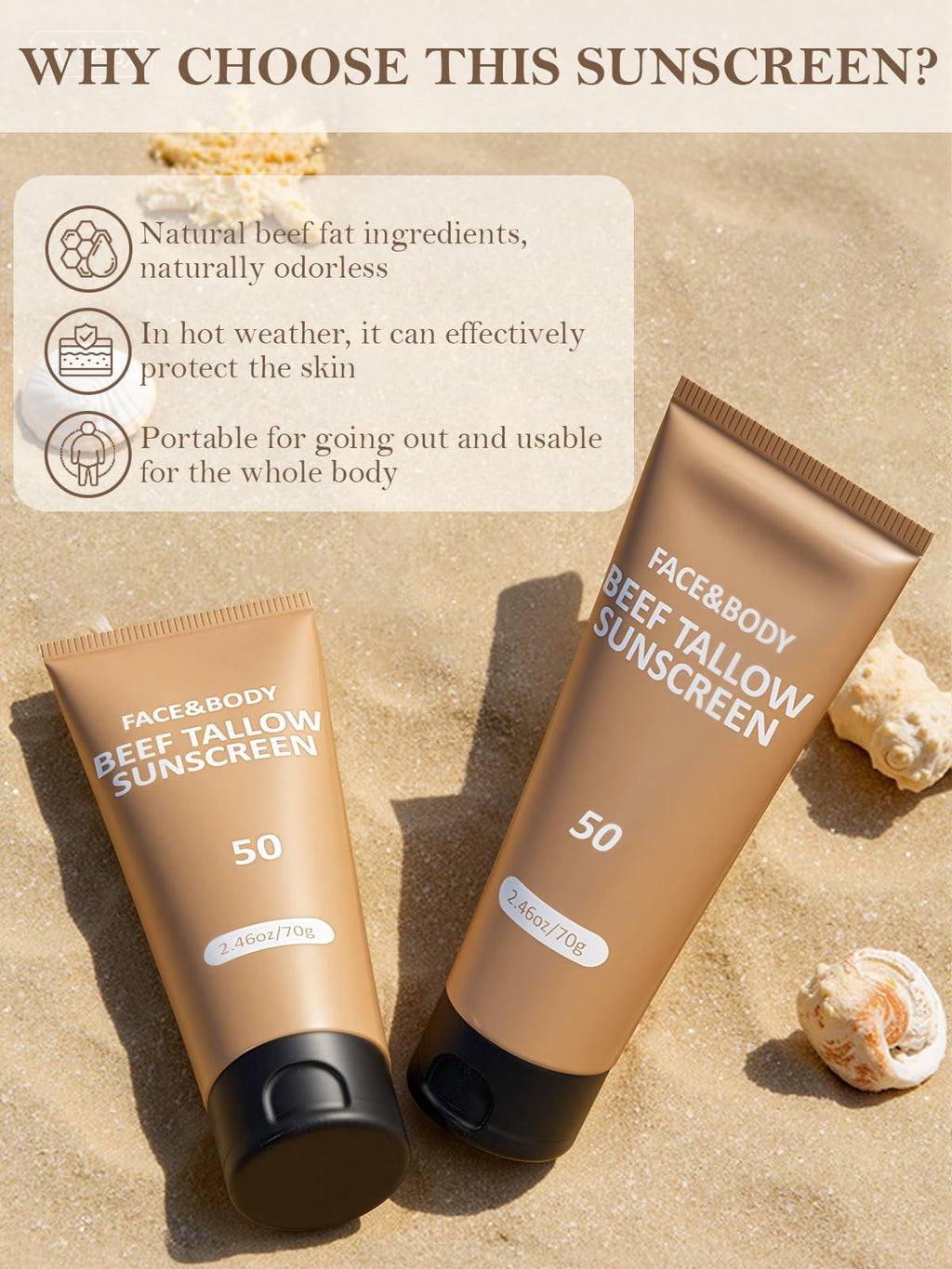 Beef Tallow Sunscreen, Sunscreen for Face, Natural Reef Safe Sunblock for Face Body, Non Greasy Clean Travel Sun Screen Sunblock for Sunmmer Outdoor Travel, 3 Packs