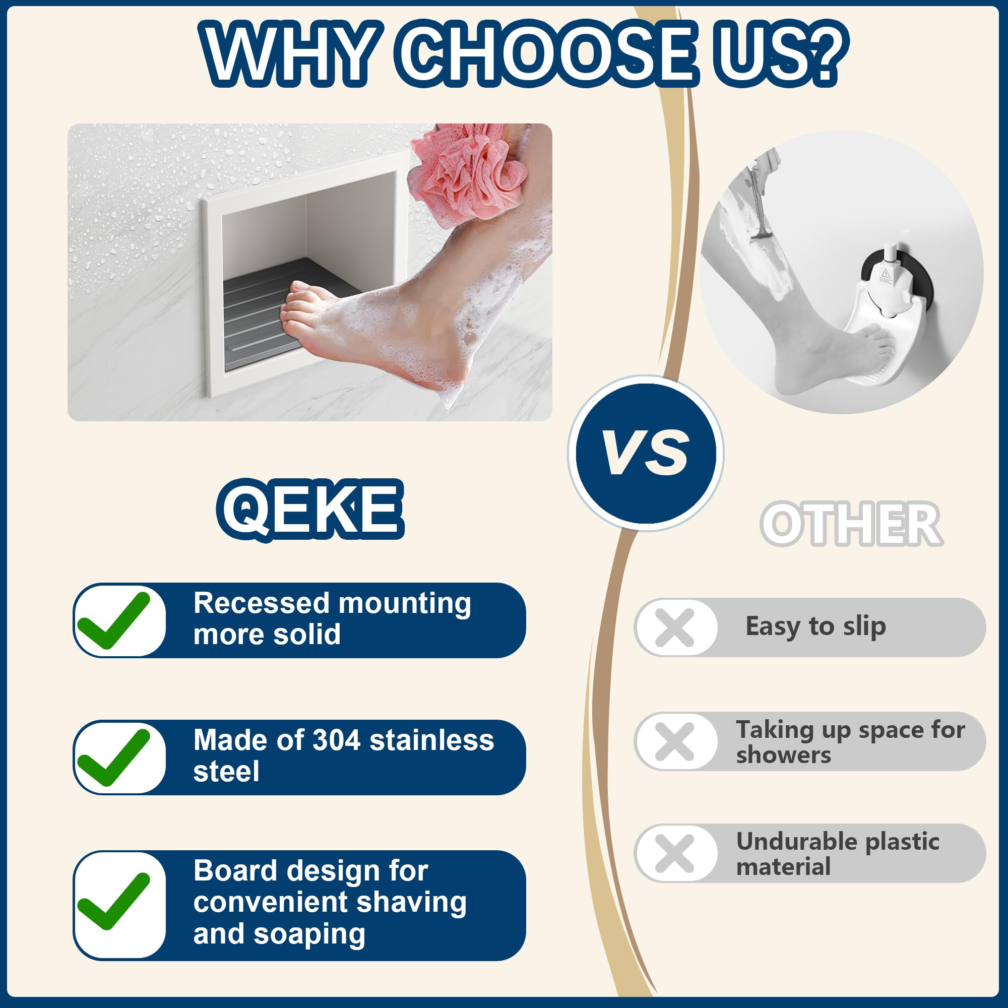 Qeke Shower Foot Rest for Shaving Legs, Matte White, 5.9"X 4.8"