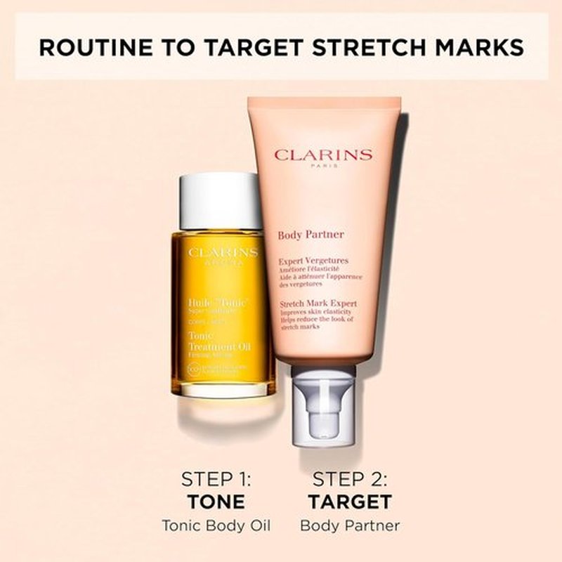 Clarins Tonic Body Treatment Oil & Stretch Mark Expert Bundle - Firming Oil & Cream for All Skin Types