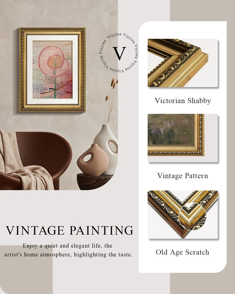 VIYYIEA Gold Framed Canvas Print - Vintage Abstract Flower Wall Art | Multicolor Home Decor 11x14in