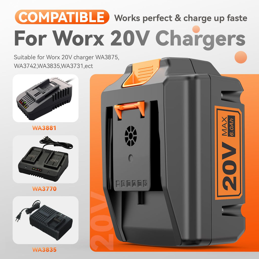 PENGJBATTER 2 Packs 20V 6.0Ah Lithium Battery Compatible for Worx 20V Power Share Battery WA3575 WA3525 WA3520 WA3742 WG155s WG251s WG255s WG545s WG890 WG891, Compatible with Worx 20 Volt Tools