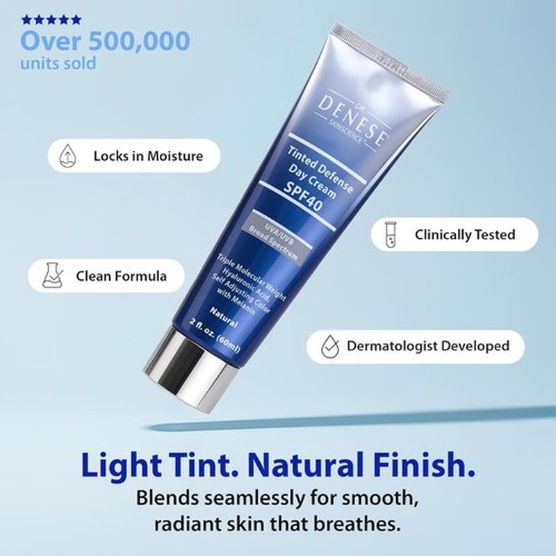 Dr. Denese Broad Spectrum SPF 40 Defense Day Cream - Tinted Moisturizer & Sunscreen | Hydrating BB Cream for Smooth, Radiant Skin - 2 oz