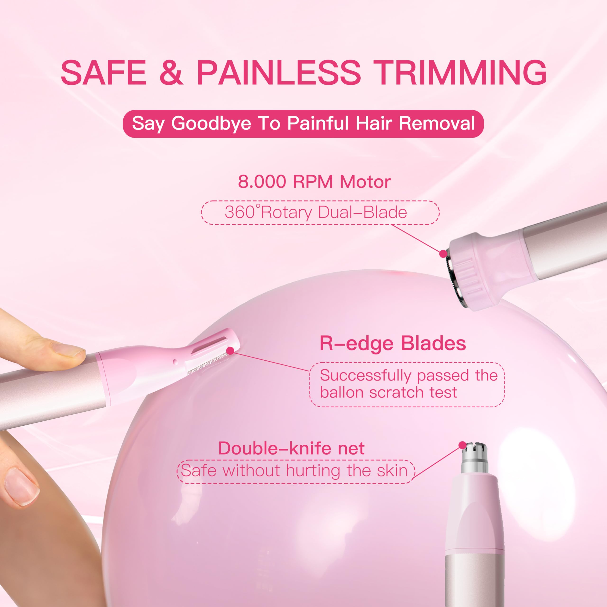 HEBECA Nose Hair Trimmer for Women 3in1 Facial Hair Removal Trimmer - Metal Body, Rechargeable, Waterproof, Portable - Nose, Ear, Eyebrow, Peach-Fuzz, Lips, Chin (Pink)