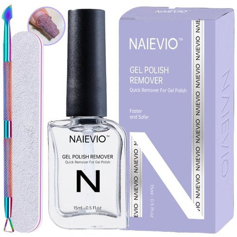 NAIEVIO Gel Polish Remover Kit - Remove Gel Polish in 3-5 Min! No Soak & Foil-Free Gel Nail Polish Remover with Cuticle Pusher & File for Salon Results at Home (0.5 fl oz)