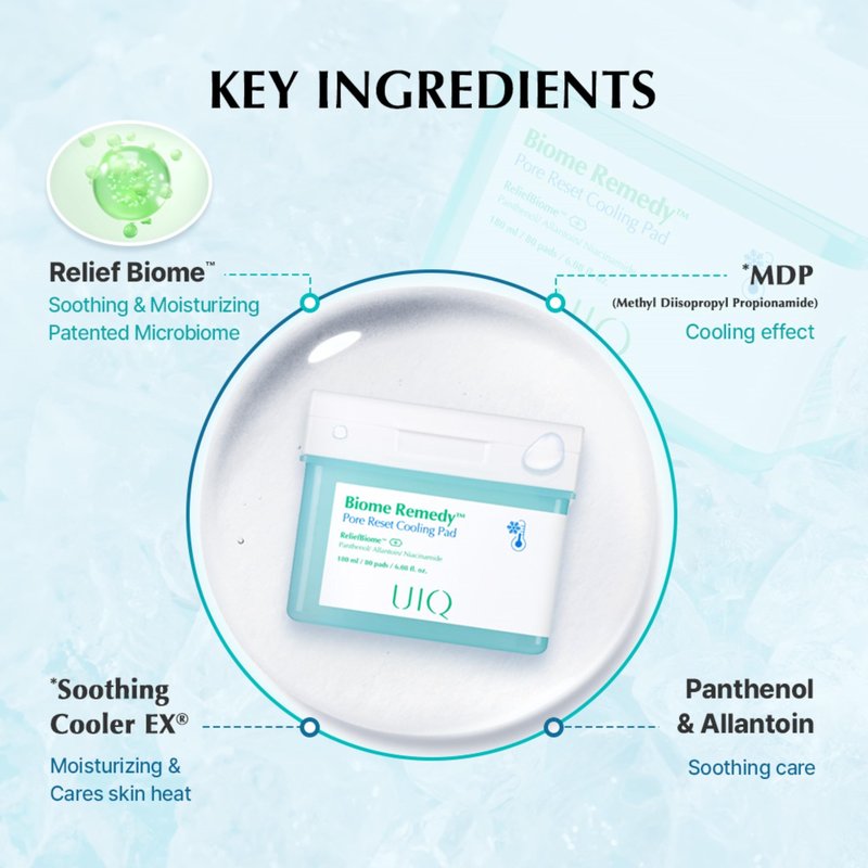 UIQ Biome Remedy Pore Reset Cooling Pad, Hydrating & Cooling Korean Toner Pads, Instant Cooling for Dry, Overheated skin, Pore Care with Panthenol, Allantoin, Niacinamide 80 Pads, 6.08 fl. oz.