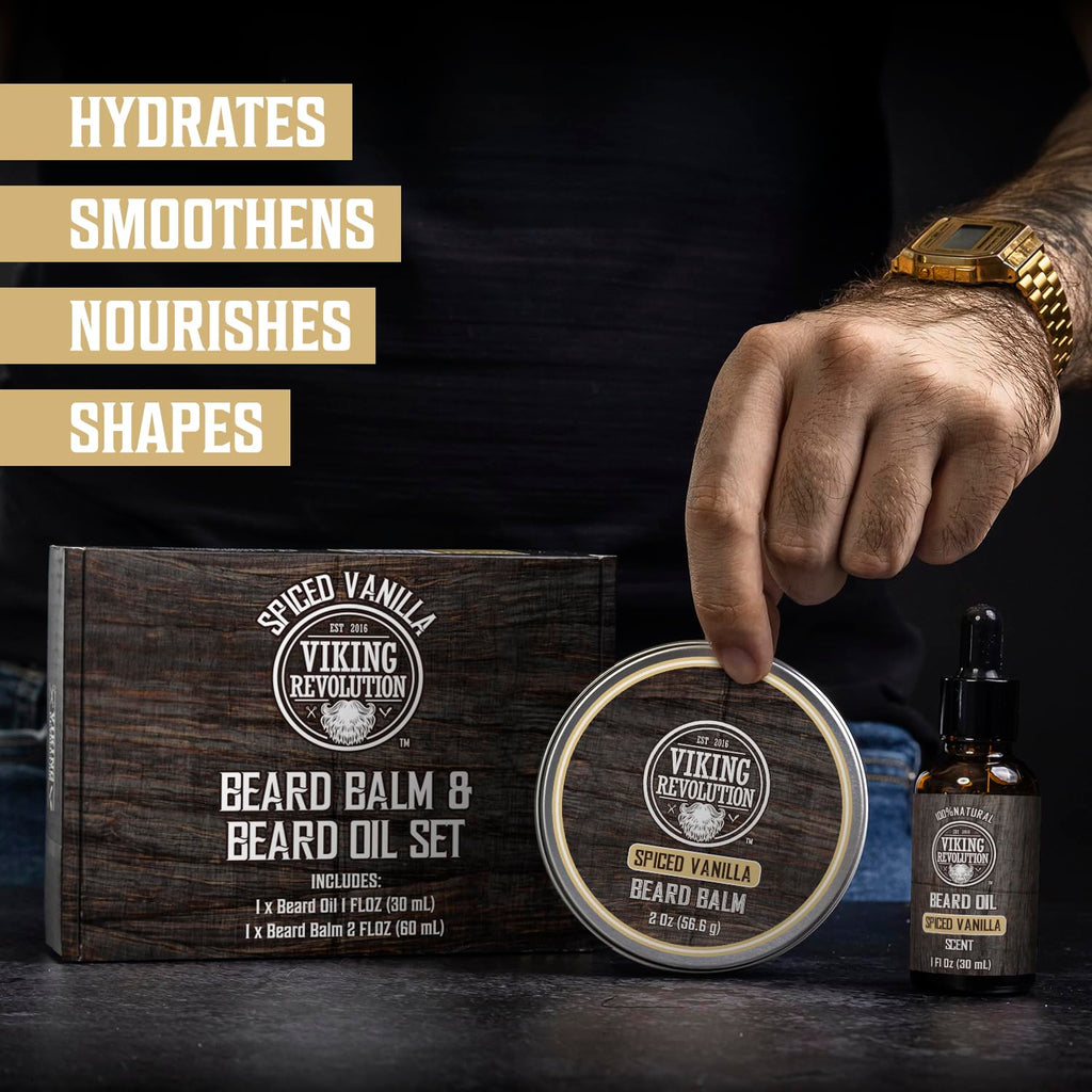 Viking Revolution Spiced Vanilla Beard Balm for Men (2oz) and Beard Oil (1 fl oz) Kit - With Argan and Jojoba Oils - Soften and Moisturize - Stocking Stuffers for Men