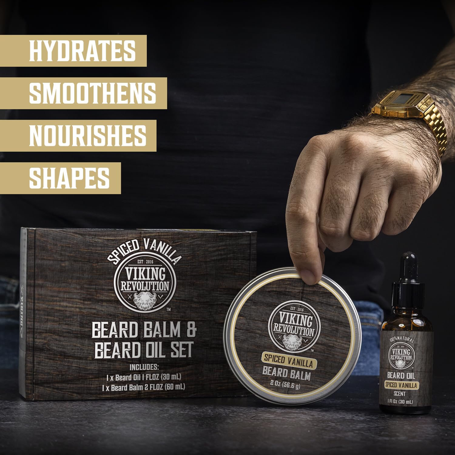 Viking Revolution Spiced Vanilla Beard Balm for Men (2oz) and Beard Oil (1 fl oz) Kit - With Argan and Jojoba Oils - Soften and Moisturize - Stocking Stuffers for Men