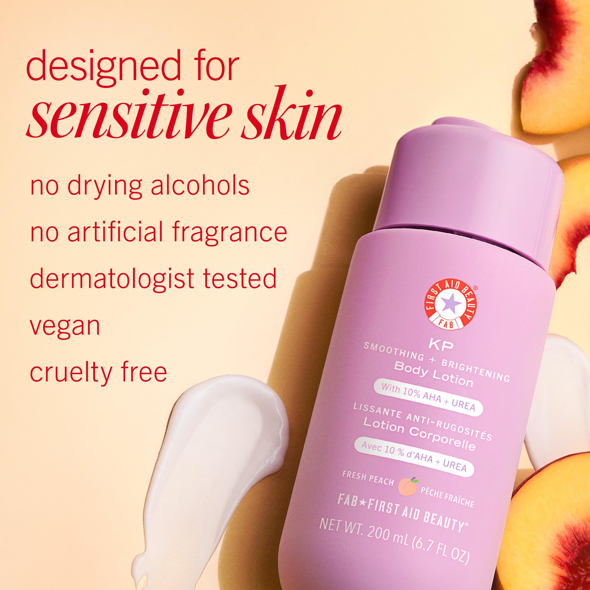 First Aid Beauty KP Smoothing + Brightening Body Lotion, 10% AHA with Lactic Acid, Urea & Colloidal Oatmeal, Exfoliate & Moisturize Keratosis Pilaris Bumps, Peach Scent, 6.7 fl oz
