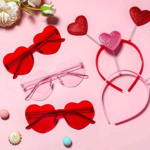 MTLEE 24 Pcs Valentines Heart Head Boppers Headbands and Heart Shape Sunglasses Valentines Party Supplies Wedding Photo Prop (Pink)