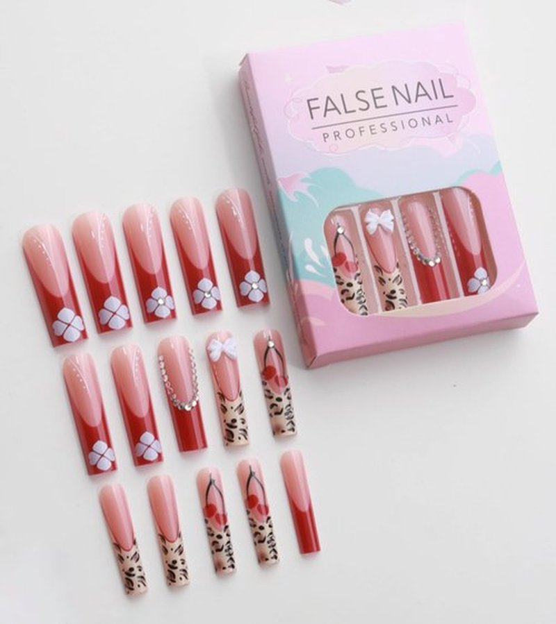 Aegenacess Press on Nails Square - Extra Long Fake Nails with 3D Rhinestones and Bows, Red French Tips Cute Fall False Nail, Fall Stick On Nails for Women, 12 Sizes - 24 Nail Kit, Floral Fusion