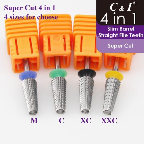 C & I Nail Drill Bit 4 in 1 Super Cut E-File, Multi-Function Plus Upgrade File-Teeth, Slim Barrel & Straight Cut, for Manicure Drill Machine, Help Nail Tech to Remove Nail Works (Double Coarse-XXC)