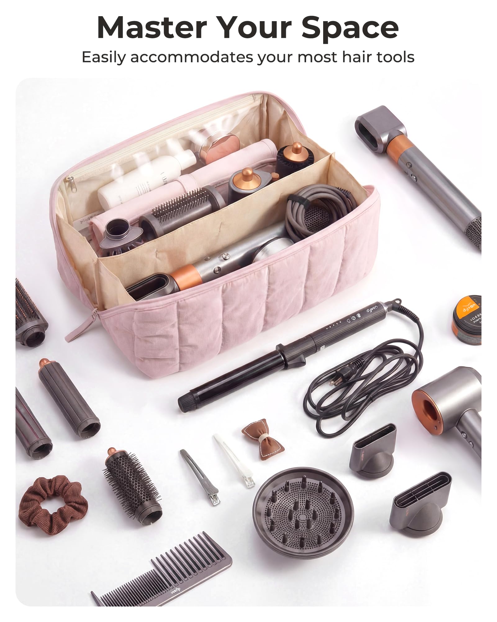BAGSMART Hair Tool Organizer Travel Bag Compatible with Dyson Airwrap, Shark Hair Dryer, Wide-open Accessories Organizer with Heat Resistant Mat, Makeup Bag for Dyson Attachments, Curling Iron, Khaki