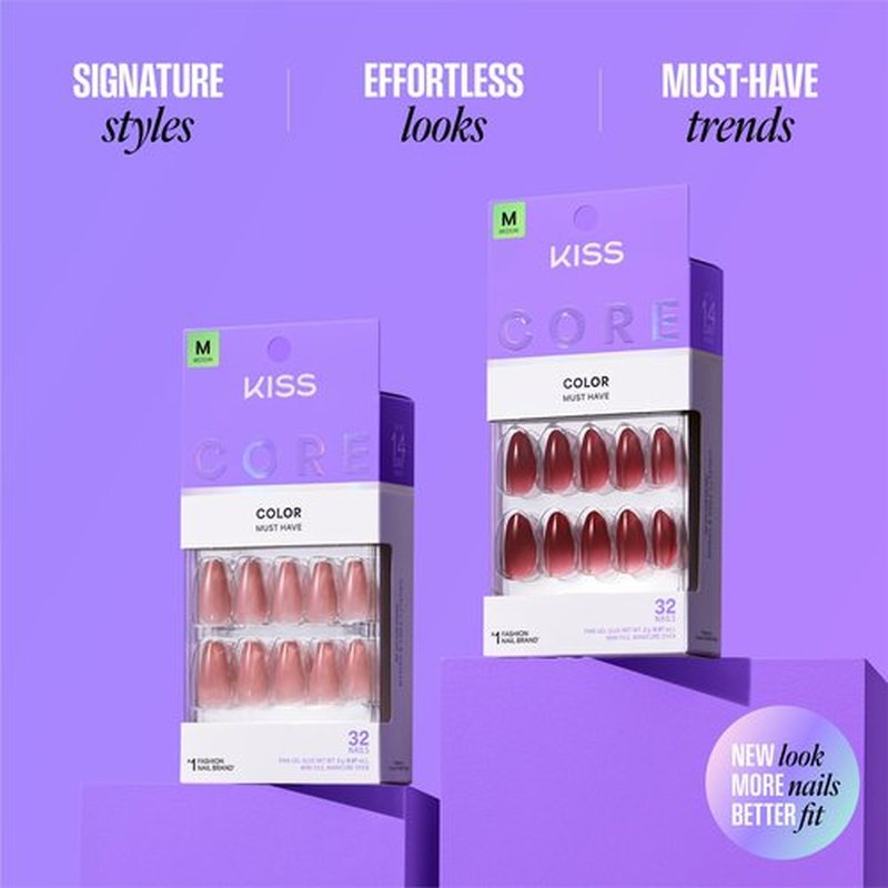 KISS CORE Color Press On Nails Almond, Pinot Noir, Red, Medium, 32 Count
