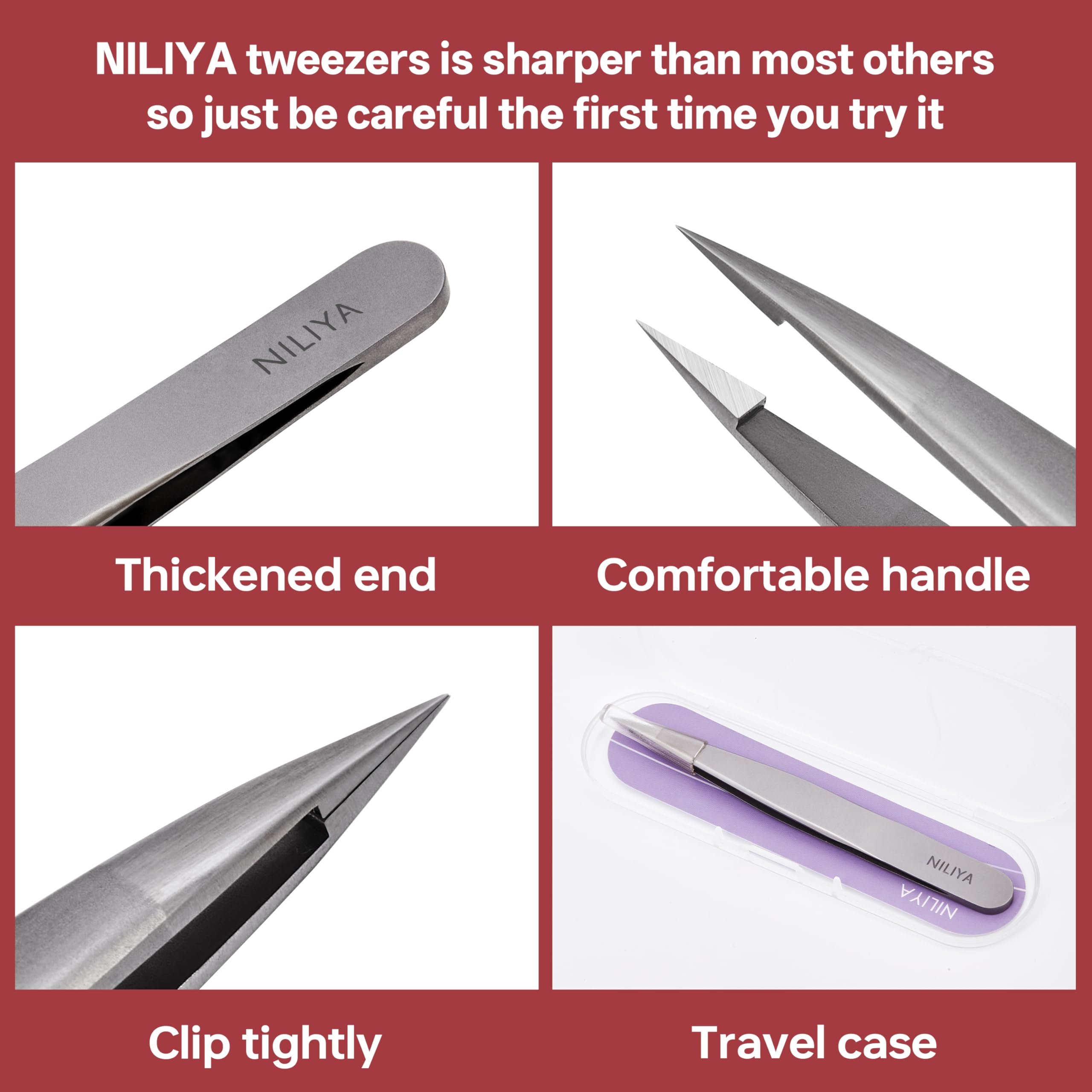 NILIYA Pointed Tweezers for Women Facial Hair, Professional Fine Point Eyebrow Tweezers with Comfortable Handle, Ingrown Hair and Splinter Removal, With Travel Case