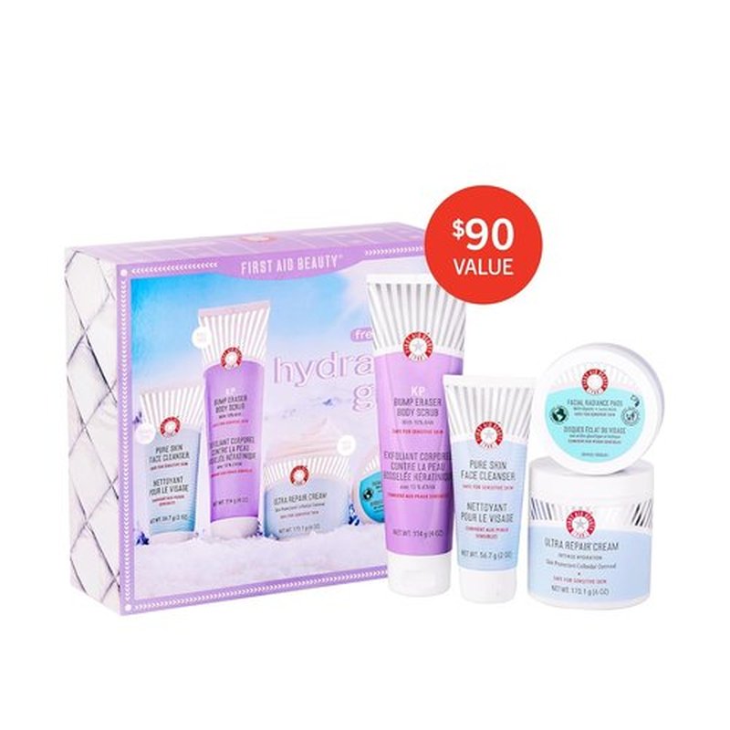 First Aid Beauty - Hydrated Glow Kit | Exfoliating Body Scrub, Facial Pads & Ultra Repair Cream, 4ct