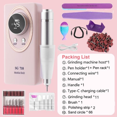 Nail Drill Machine Electric 45000RPM Rechargeable Portable Nail Drill Kit DIY Nail File Electric with Smart LCD Screen for Gel Nail Manicure and Pedicure Reflective Body etc(Pink)