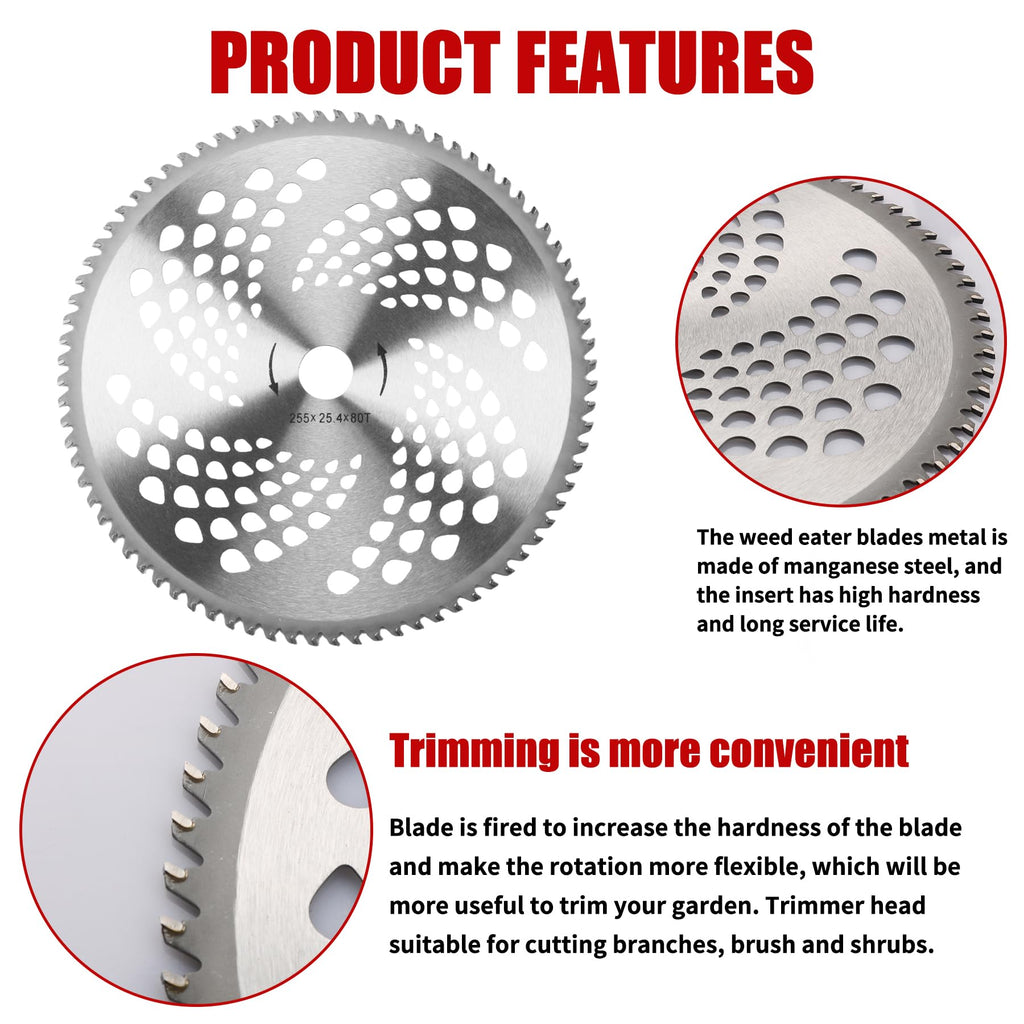 9" x 36 Teeth Carbide Tipped Blades & 9" x20T Carbon Steel Round Chainsaw Tooth Blades & 10" x 80T Brush Cutter Trimmer Blades with Adapter Kit