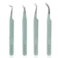 Fiber Tip Lash Tweezers for Eyelash Extensions with Diamond Grip, Set of 4 Precise Tips Japanese Steel for Classic, Volume & Mega Volume Lashes, Ideal Tweezers Set for Lash Artists (4, Light Green)
