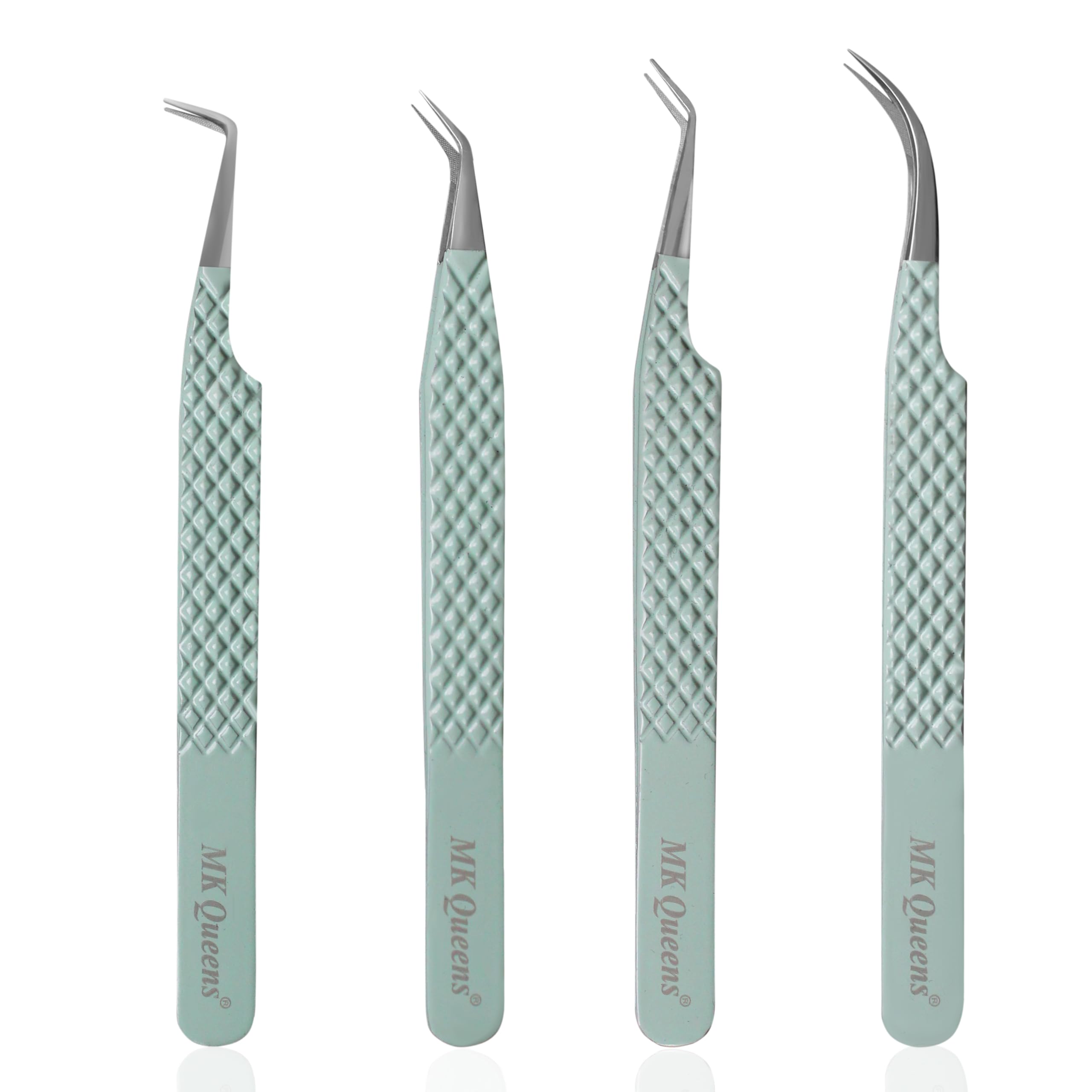 Fiber Tip Lash Tweezers for Eyelash Extensions with Diamond Grip, Set of 4 Precise Tips Japanese Steel for Classic, Volume & Mega Volume Lashes, Ideal Tweezers Set for Lash Artists (4, Light Green)