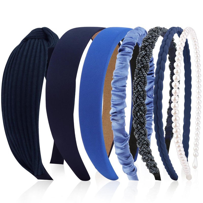 VELSCRUN Headbands for Women 7 Pcs Different Navy Blue Knotted Solid Pearl Head Bands Non Slip Hair Band for Womens Gilrs Thin Thick Short Hair Fashion Accessories