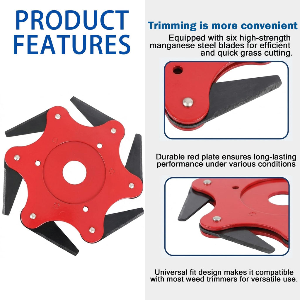 Ofcox Steel Trimmer Head, 6 Blades Metal Razor, Universal Weed Eater Blade for Straight Shaft Gas Trimmer, 25.4mm/1 inch Arbor Heavy Duty Brush Cutter Attachment, 1 Pack(Red)