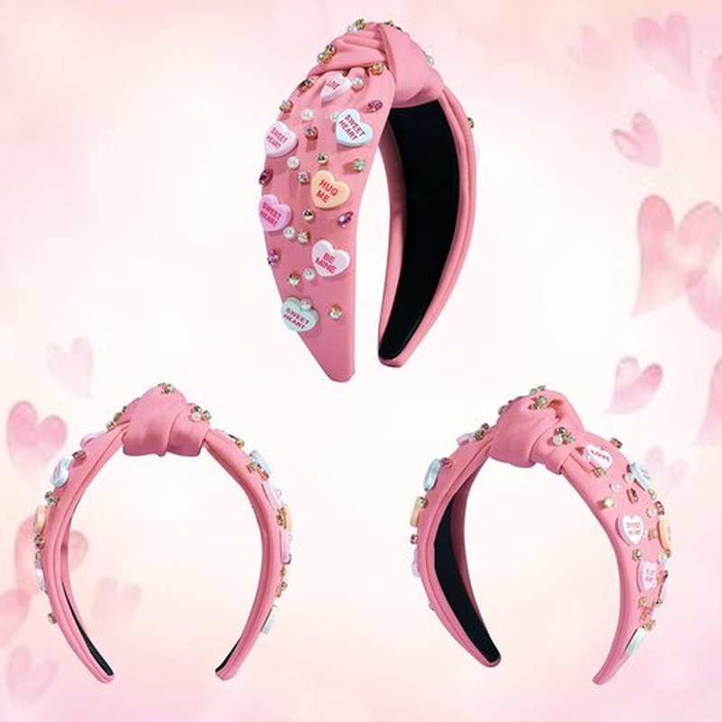 AENMTU Valentine’s Day Headband for Women Girls Top Knot Jeweled Rhinestone Velvet Plush Hair Accessories Pink Red Heart Clothes Outfit