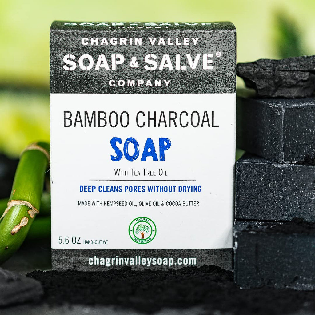 Chagrin Valley Natural Soap Bar - Bamboo Charcoal Soap for Men and Women - Handmade, Unscented, Exfoliating and Cleansing Large 5.6 oz Bar With Tea Tree Oil