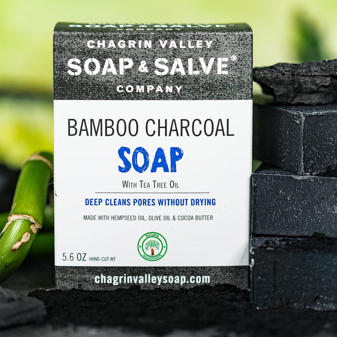 Chagrin Valley Natural Soap Bar - Bamboo Charcoal Soap for Men and Women - Handmade, Unscented, Exfoliating and Cleansing Large 5.6 oz Bar With Tea Tree Oil