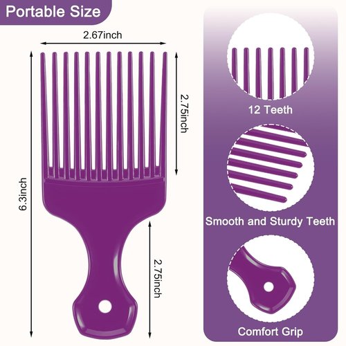 SIMPOR Hair Pick Comb Set - Wide Tooth Detangling Picks for Curly & Afro Hair | 2 Pcs in Purple & Black