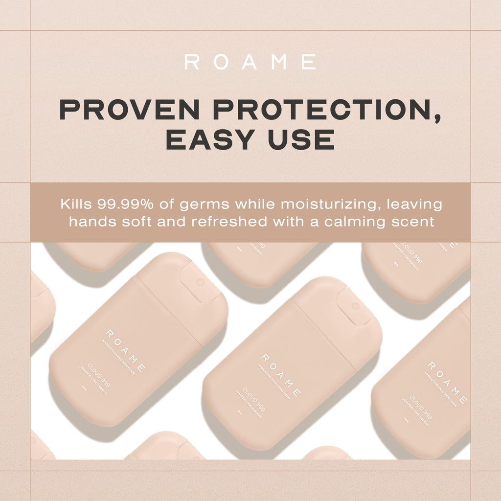 Roame Cloud 999 Hydrating Hand Sanitizer Spray, Portable Travel Size Hand Sanitizer, Moisturizing & Quick Drying Mist Formula, Juniper & Palo Santo Scent, Travel Essentials, TSA-Approved, 1 oz