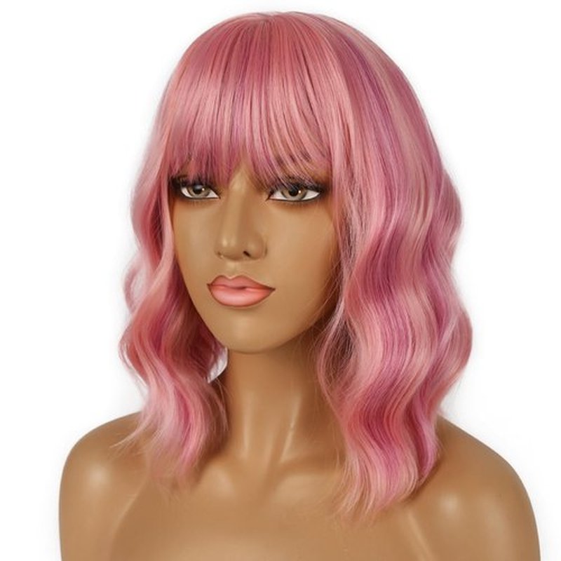 LANCAINI Short Bob Wigs with Bangs for Women Loose Wavy Wig Curly Wavy Shoulder Length Bob Synthetic Cosplay Wig for Girl Colorful Costume Wigs (Lovely Pink)