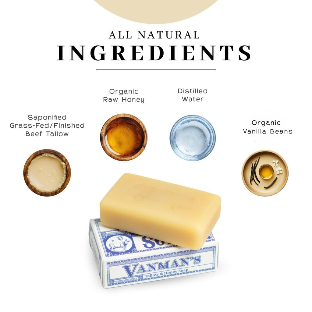 VanMan Beef Tallow and Honey Bar Soap – Pure Grass-Fed Beef Tallow for Skin with Organic Madagascar Vanilla Beans, Raw Honey & Distilled Water, Hydrating & Nourishing, Vanilla Scent, 3.8oz - 1 Pack