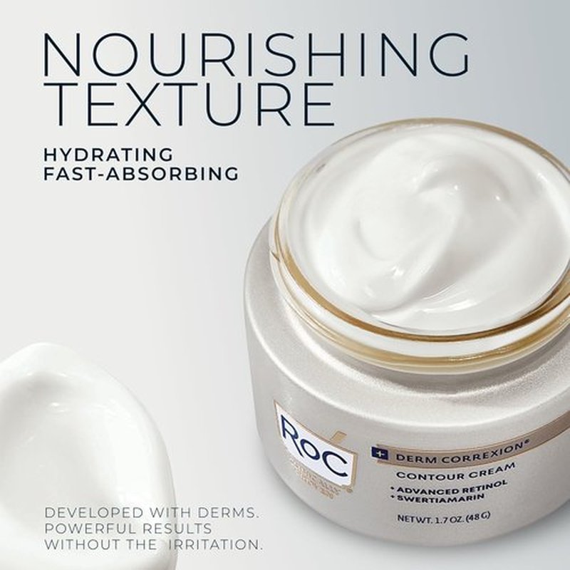 RoC Derm Correxion Neck Cream with Hyaluronic Acid + Advanced Retinol to visibly Tighten & Lift Horizontal Neck Lines, Facial Moisturizer to Contour Face (1.7 oz) with RoC Retinol Eye Packette