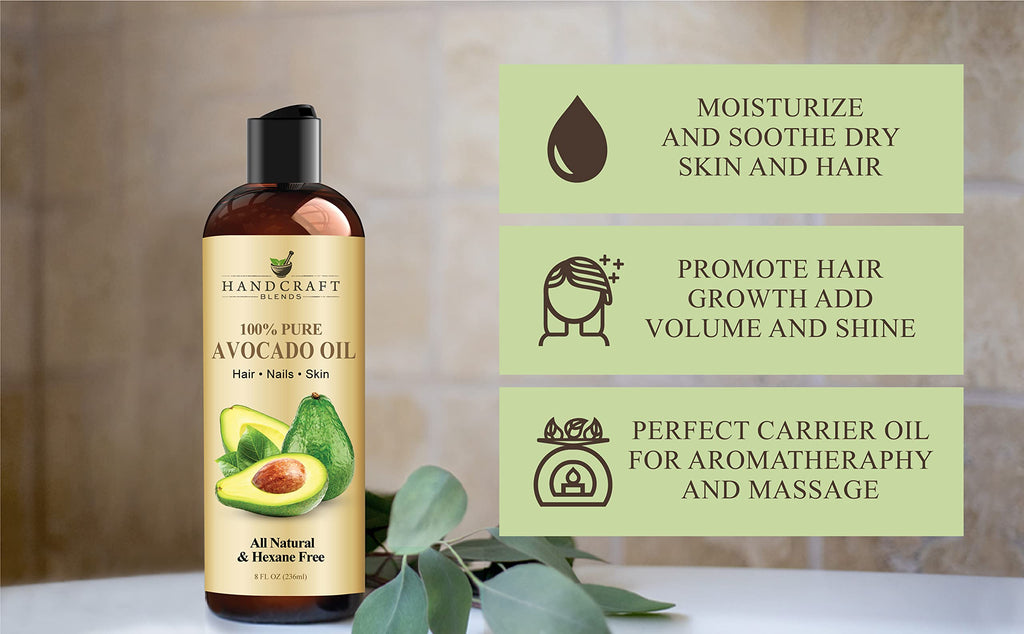 Handcraft Blends Avocado Oil - Cold-Pressed 8 Fl Oz - 100% Pure and Natural - Premium Grade Carrier Oil for Skin and Hair - Hair and Body - Massage - Hexane-Free