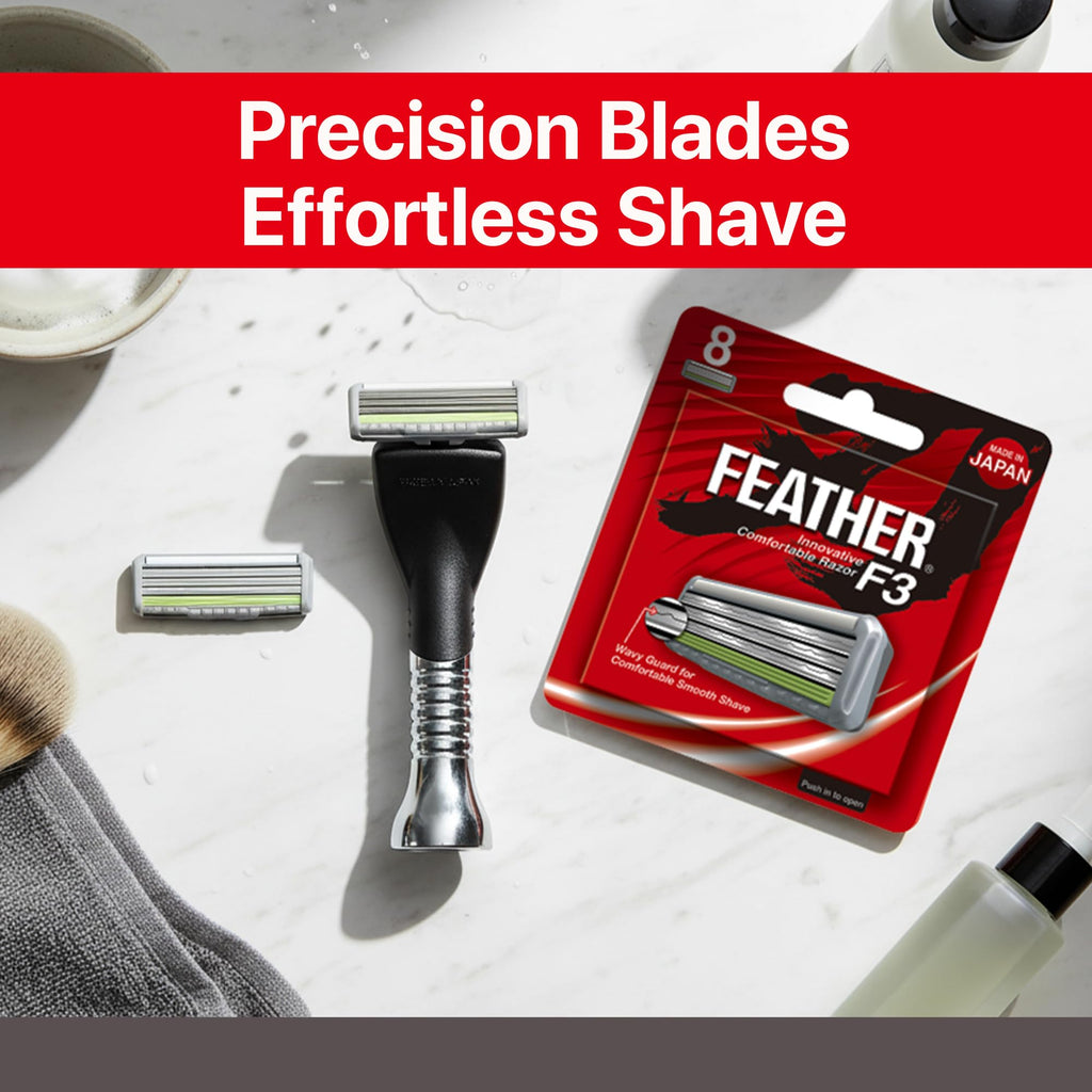 Feather - F3 Razor Blades Refills - Wavy Guard with SiC Ceramic Technology for Smooth Shave - Reduces Irritation and Razor Burns - Innovative Comfortable Blades for Sensitive Skin - 8 Pack