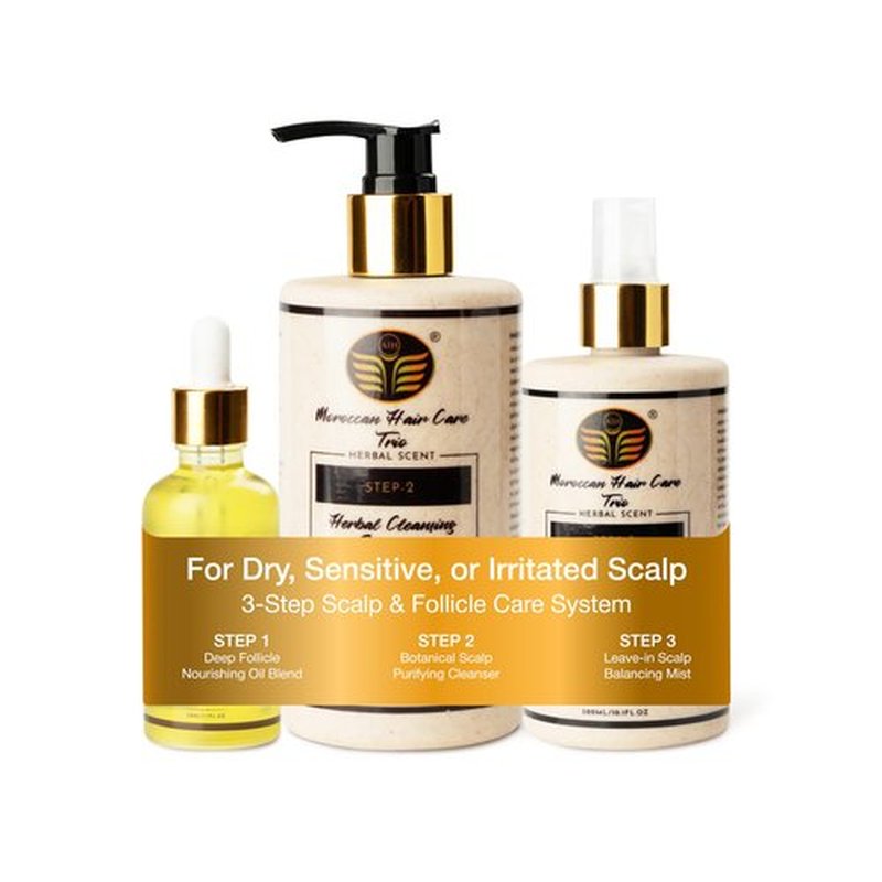 Dry Scalp Treatment for Women, 3 Step Hair Care Trio Set for Itchy Flaky Irritated Scalp, Includes Argan Oil Hair Care, Sulfate & Paraben Free Shampoo & Nutrient Rich Rinse, Anti Dandruff Relief