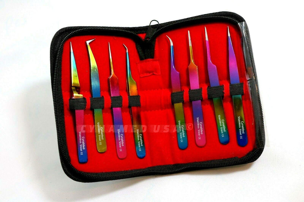 Cynamed-Set of 8 Piece German Stainless Steel Titanium Color Eyelash ExtensionTweezers