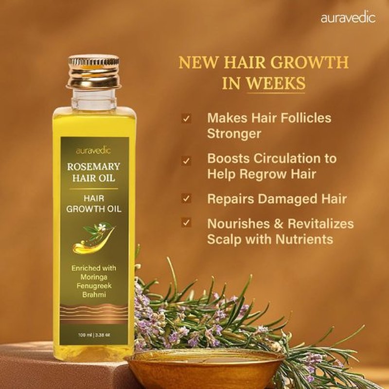 Auravedic Rosemary Hair Growth Oil with Moringa, Fenugreek & Brahmi | Scalp Nourishing Oil for Dry, Weak Hair & Breakage Care | Supports Fuller-Looking, Healthier Hair | 3.38 Fl Oz (100ml)