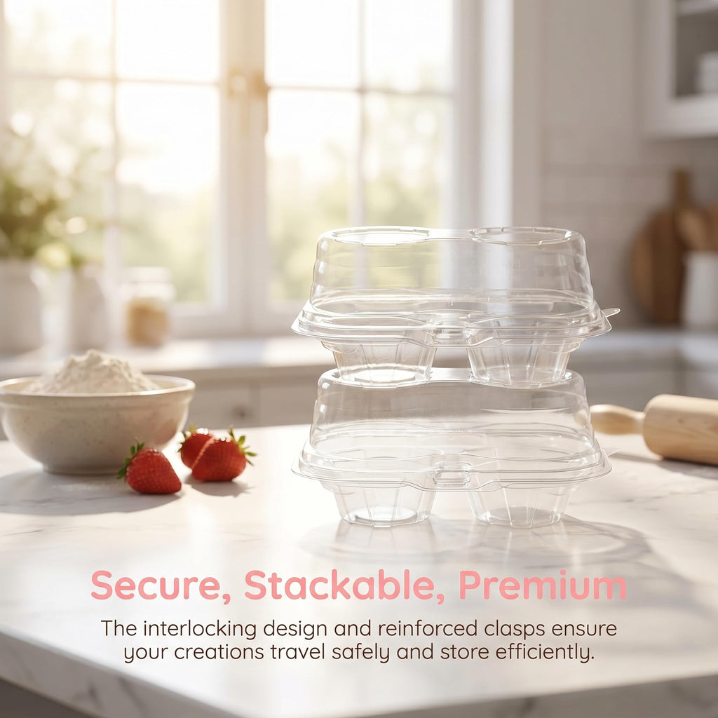 Bekith 60 Count 2-Compartment Plastic Cupcake Containers Disposable with Connected Airtight Lid, Clear Stackable Deep Dome Cupcake Carrier Holder Box for Cupcakes, Muffins, BPA Free
