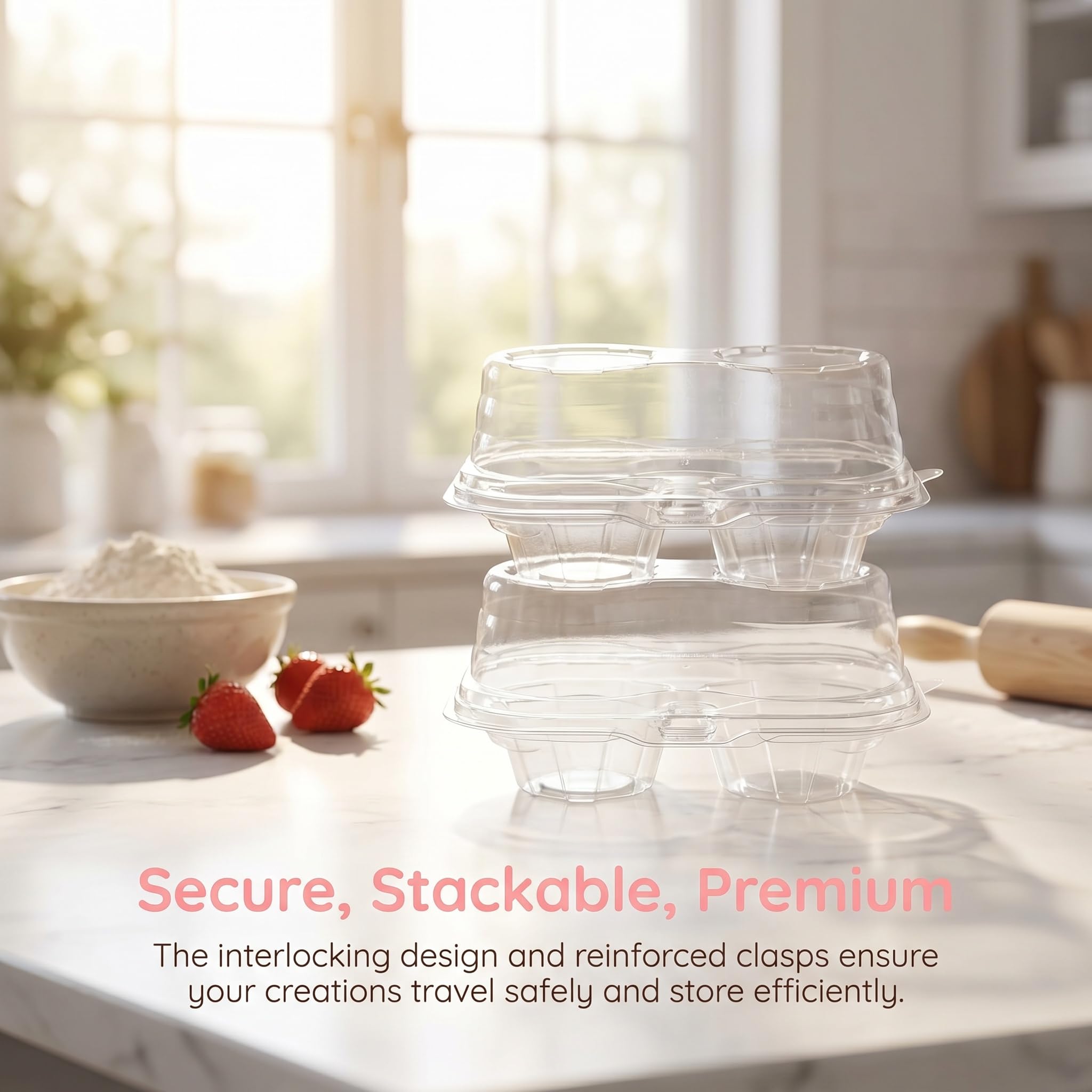 Bekith 60 Count 2-Compartment Plastic Cupcake Containers Disposable with Connected Airtight Lid, Clear Stackable Deep Dome Cupcake Carrier Holder Box for Cupcakes, Muffins, BPA Free
